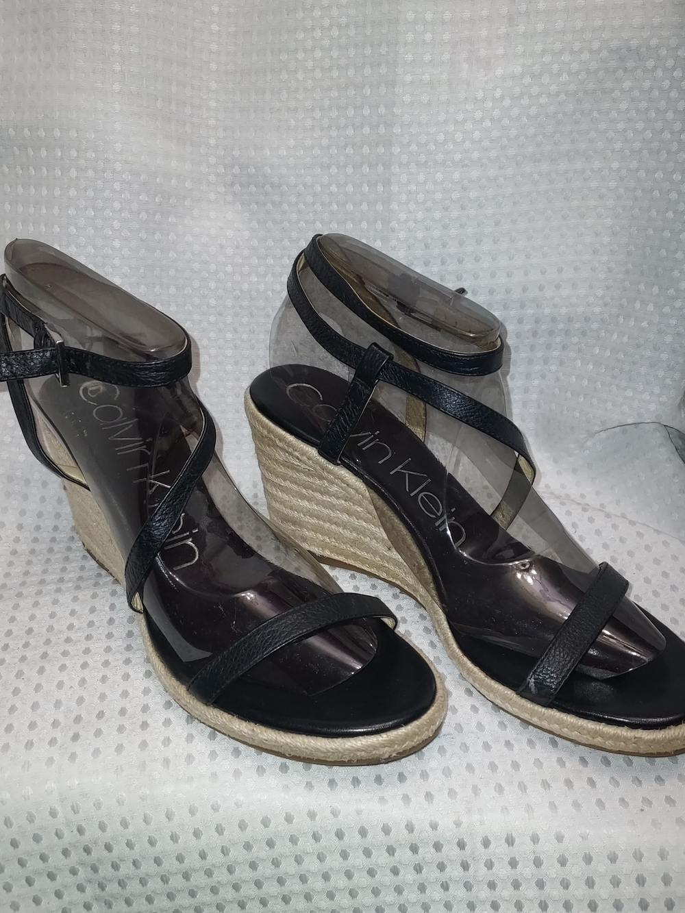 Calvin Klein Black Leather Espadrille Wedge Sandals with Ankle Strap